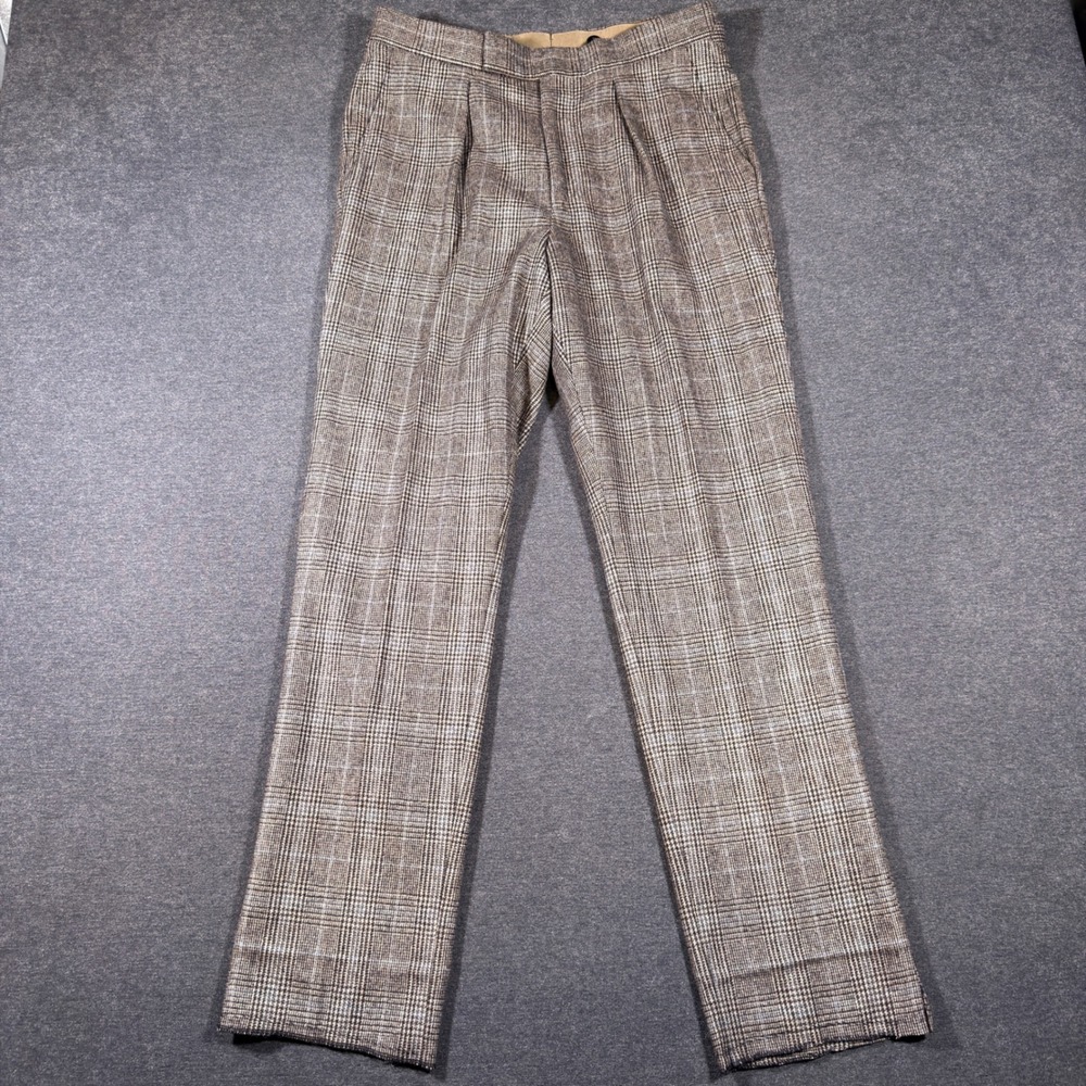 Pink Shirtmaker London Trousers Mens 30x30 Brown Plaid Wool Cashmere Pleated